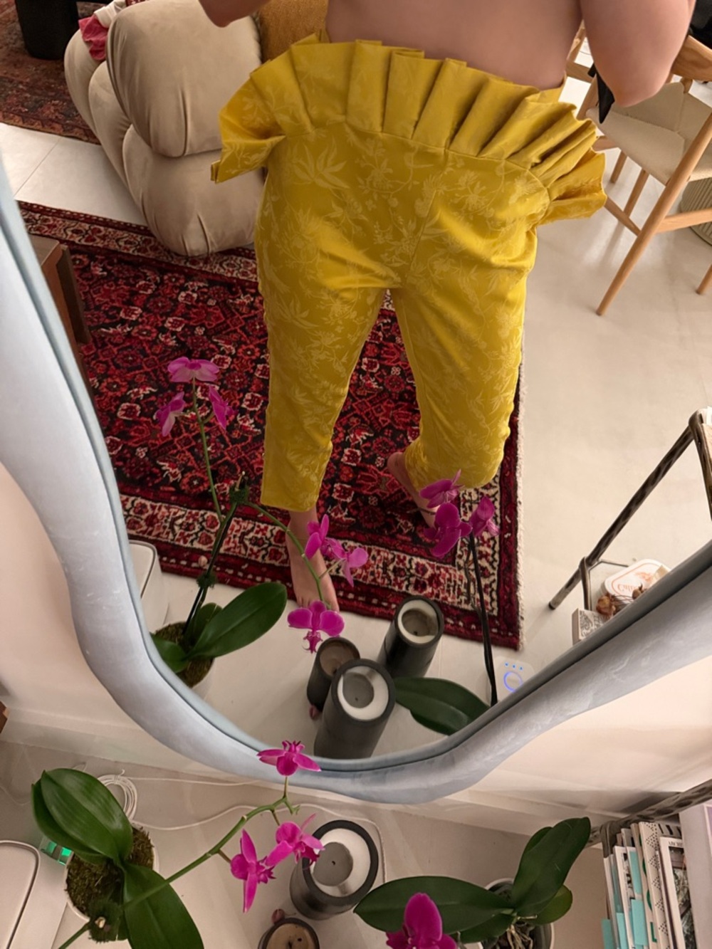 Women’s Mustard Yellow Cropped Ruffle Waist Pants